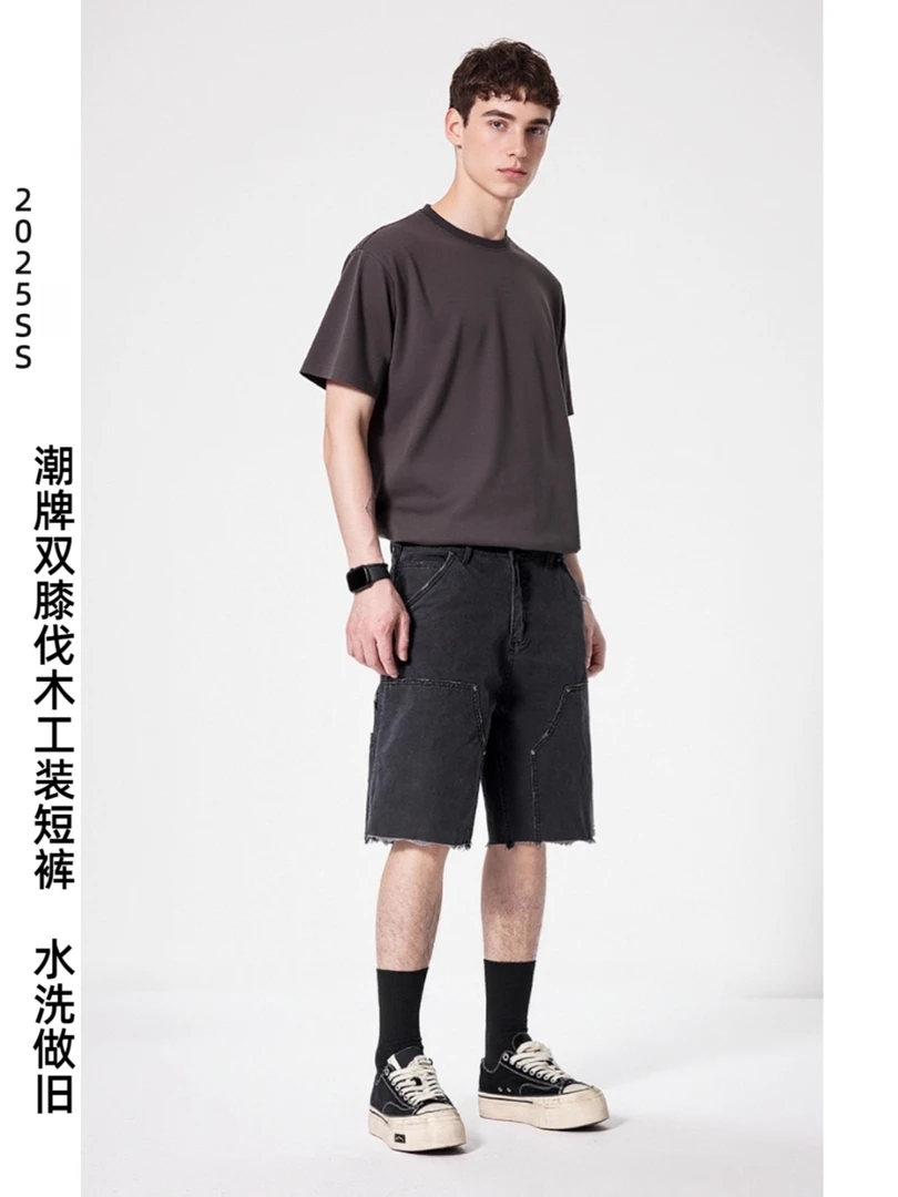潮美式做旧休闲牛仔短裤水洗帆布多口袋工装伐木短裤夏季宽松男士