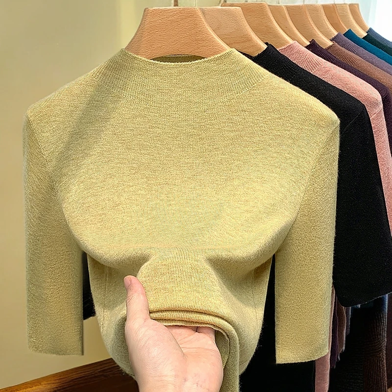 半高领中袖针织衫女秋季2025新款柠檬黄五分袖柔糯羊毛打底毛衣女
