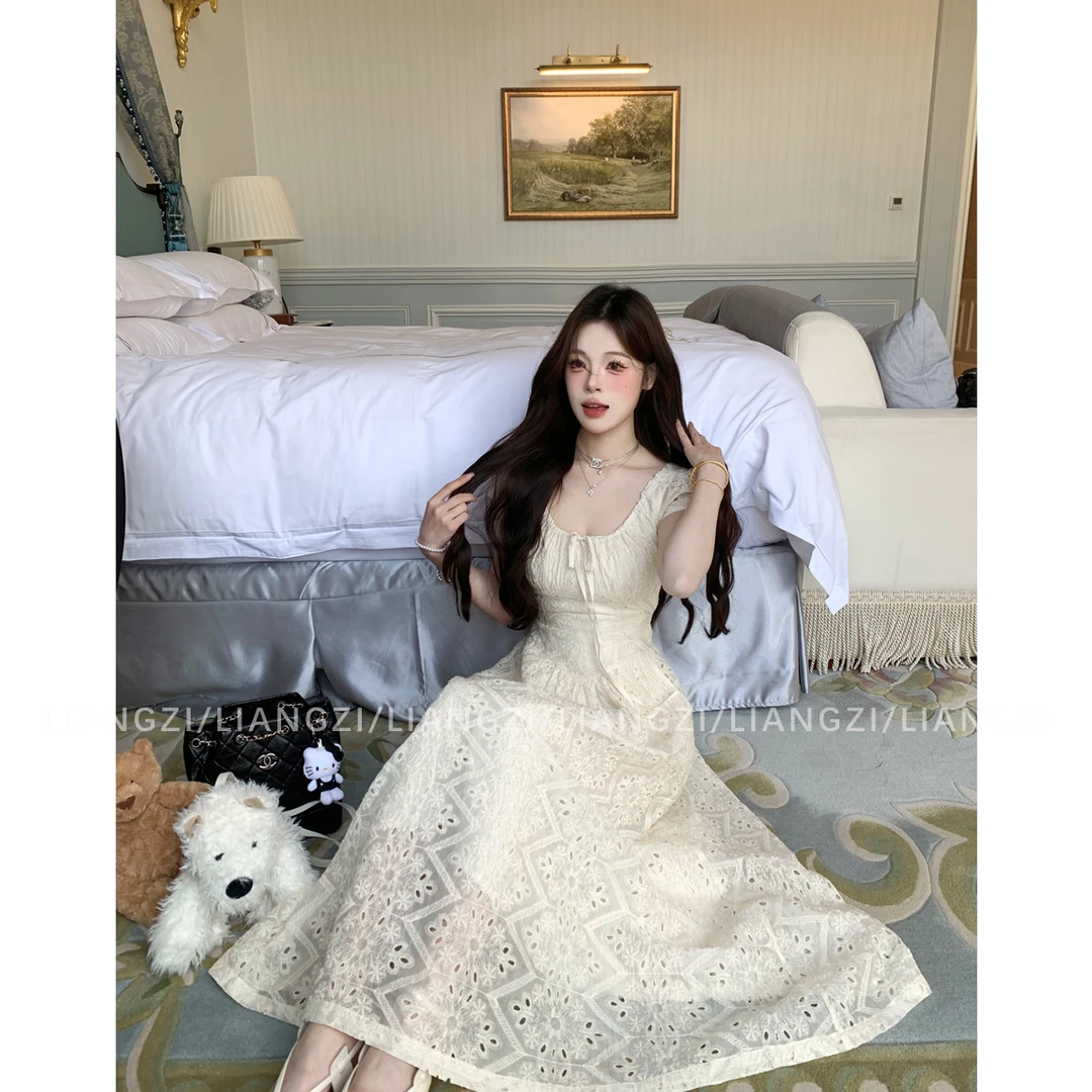 梁子【雾漫花海】法式甜美风短袖提花长裙夏季收腰显瘦连衣裙