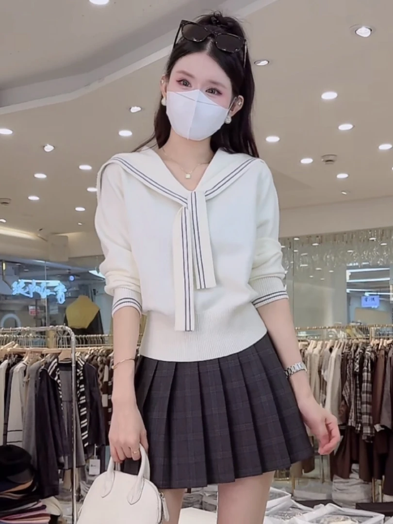 韩系穿搭条纹海军领针织衫女2025秋季新款内搭超好看独特漂亮上衣