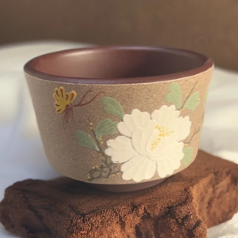 紫砂茶杯纯手工紫砂杯全手工泥绘粉浆玉兰杯蝶恋花小容量双色茶具