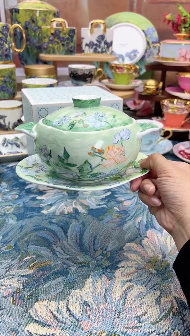 瓷片白玫瑰双耳炖盅三件套