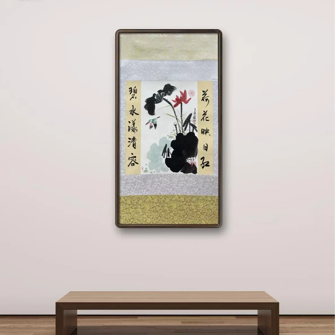 石玉臣《荷花映日红》高180cm*长70cm 不带框 中堂轴