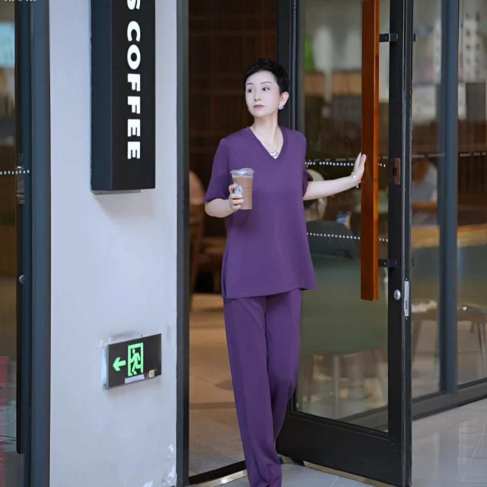 溏朵记2025夏季新款空气棉V领休闲显瘦宽松百搭气质短袖套装88183