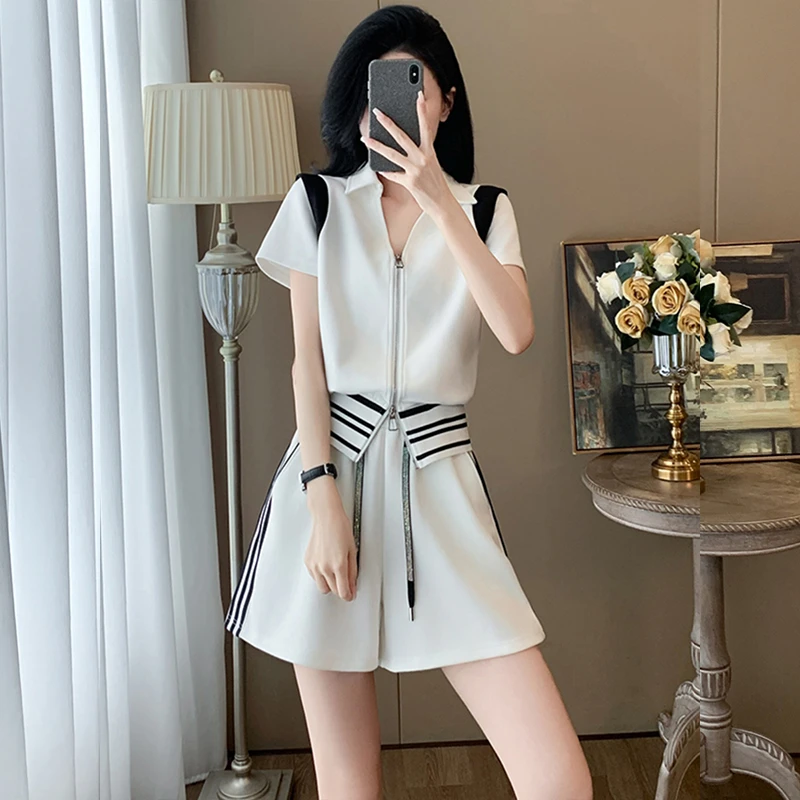 欧货炸街休闲运动套装女夏遮肉显瘦高级感小众短袖高腰短裤两件套