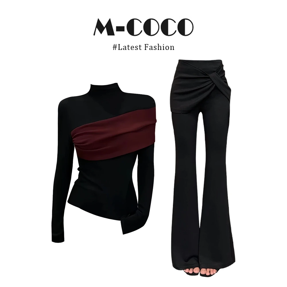 INS CEC气质洋气撞色拼接不规则打底衫套头上衣喇叭裤显瘦套装