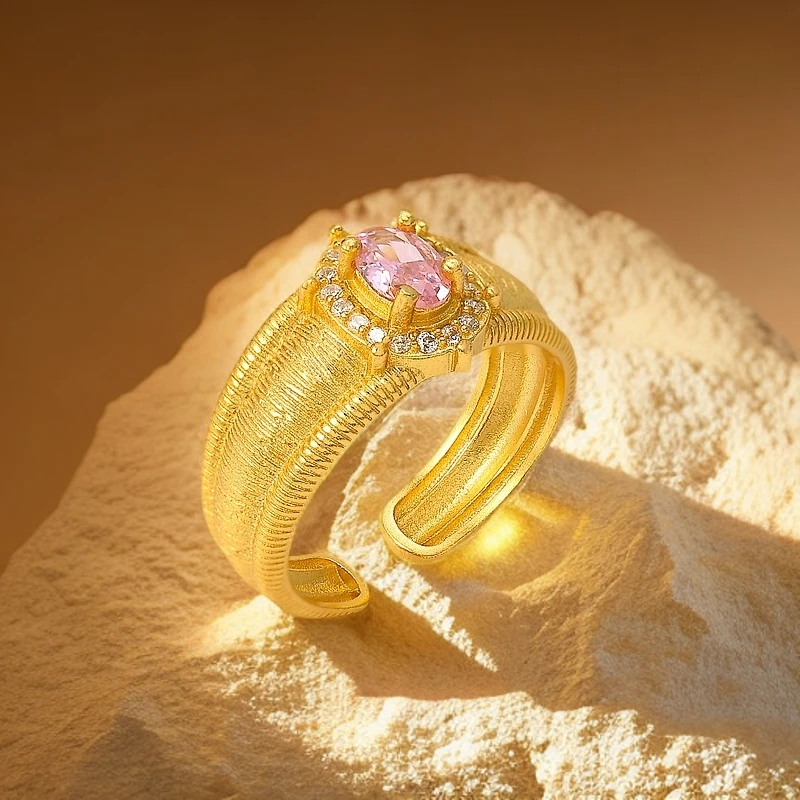 世纪缘珠宝 925银合成锆石戒指 网红鸽子蛋戒指复古可调宽版开口