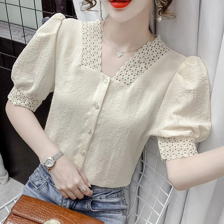 短袖雪纺衬衫女夏季2025新款漂亮洋气小衫v领法式泡泡袖蕾丝上衣