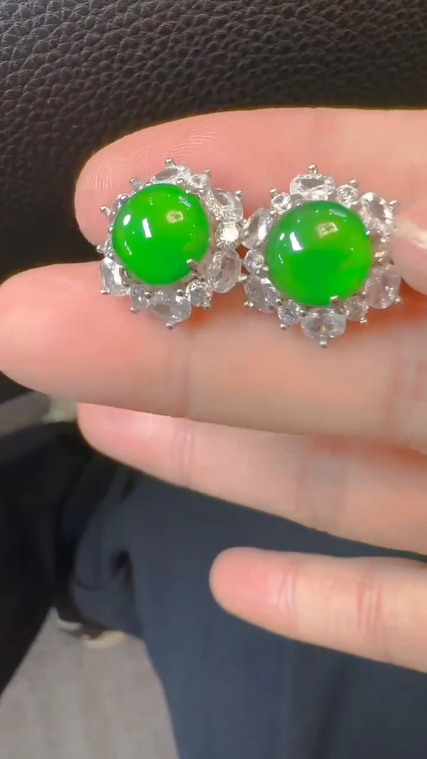 翡翠银S925镶嵌耳饰天然A货翡翠