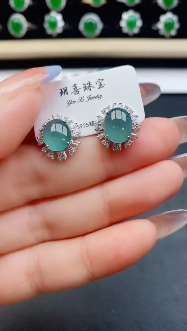 翡翠银S925镶嵌耳饰4000