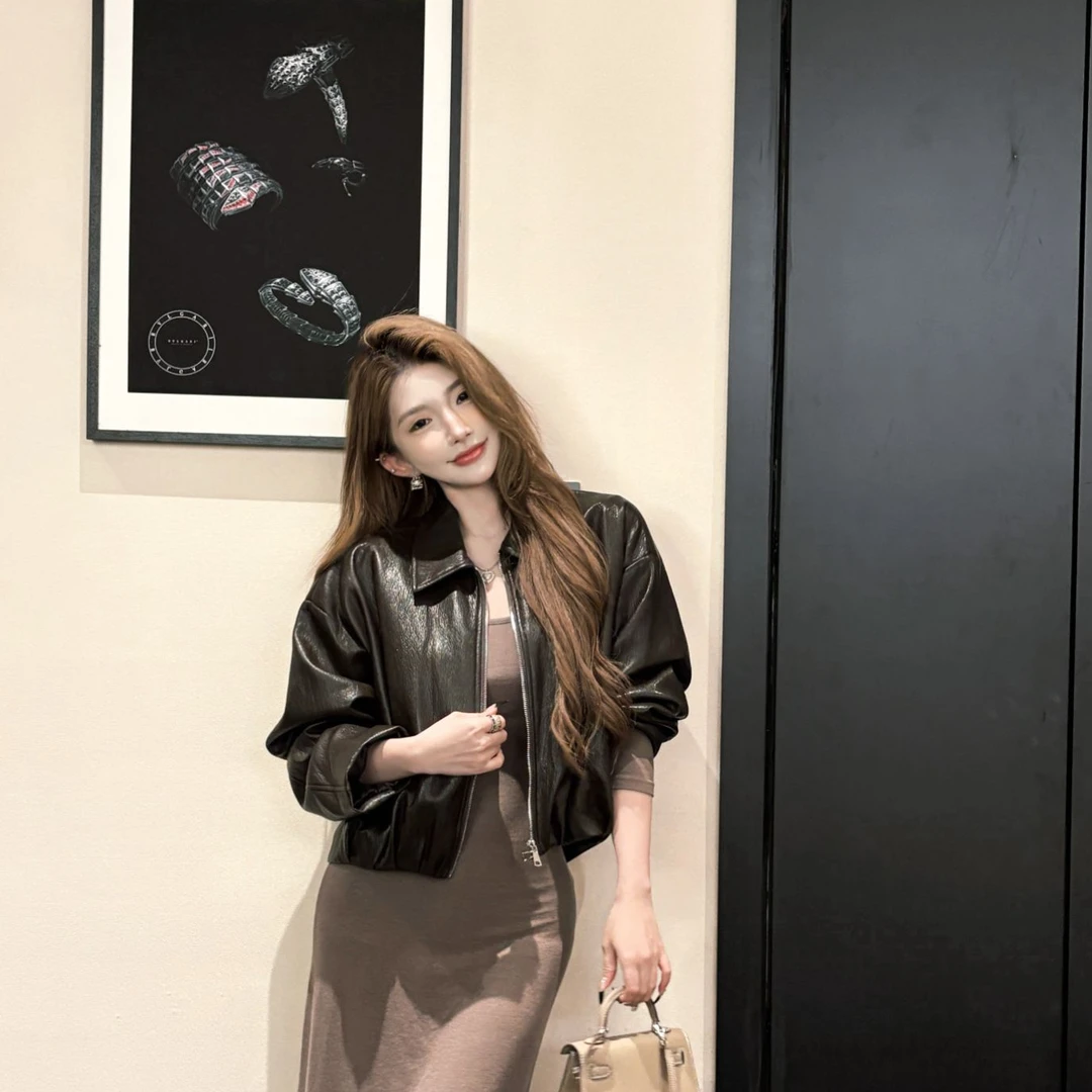 GUIDI GUDI【复苏】气质休闲酷姐百搭皮衣外套/黄加蓝