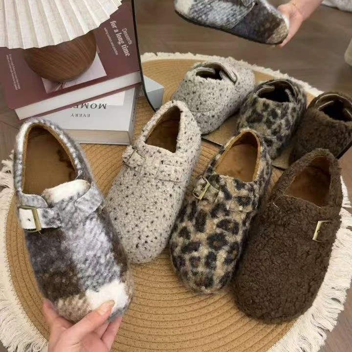 秋冬新款加绒金属扣魔术贴设计一鞋两穿厚底外穿女毛毛休闲博肯鞋