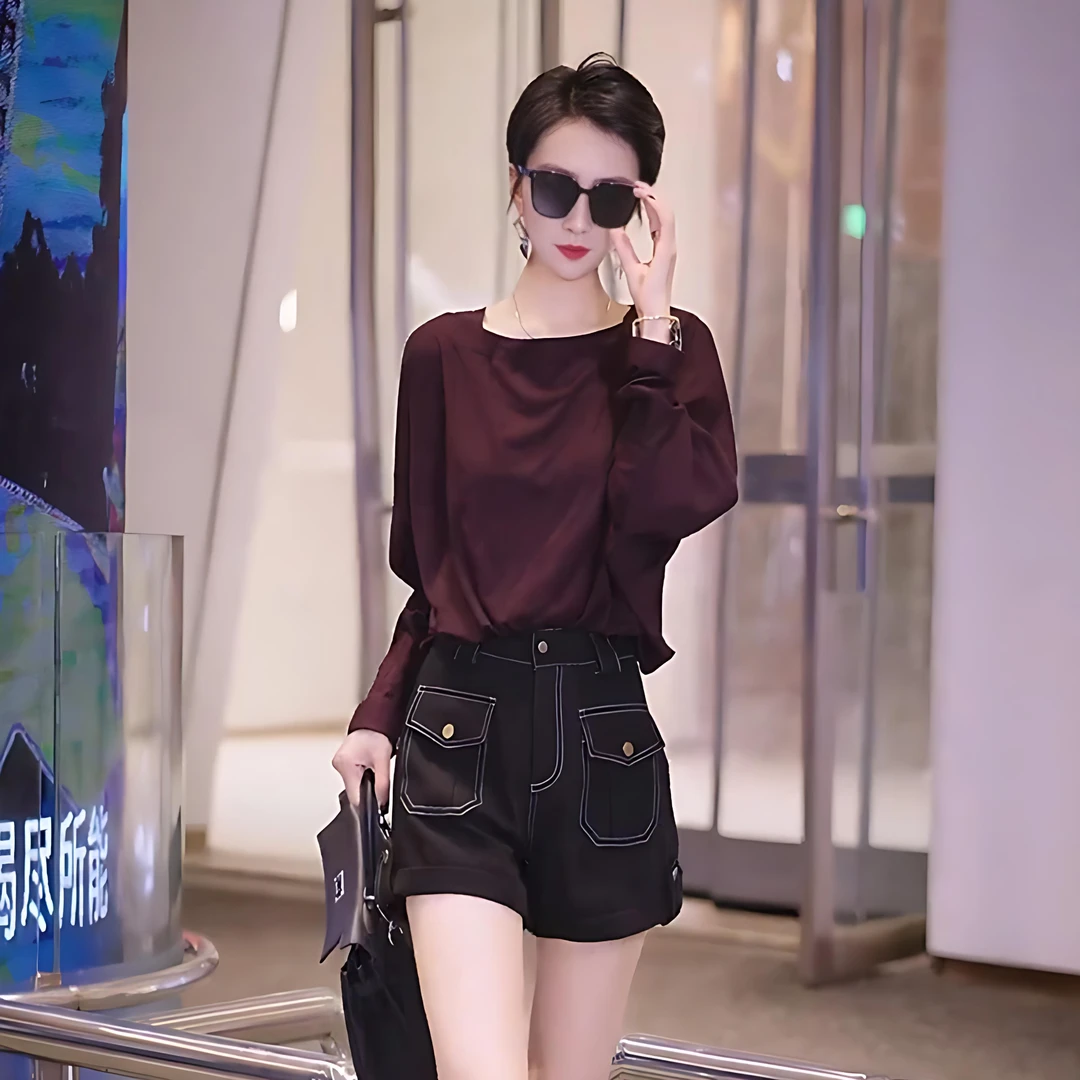 纯色休闲衬衫女2025秋季新款韩版圆领长袖上衣宽松正肩洋气衬衫潮