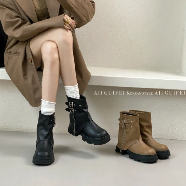 GF-1278-10新款皮带扣裤管靴短靴高跟短靴女厚底马丁靴西部牛仔靴