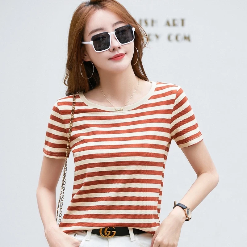 短袖洋气宽松遮肚显身材撞色短款条纹上衣大气百搭4色7码可选357