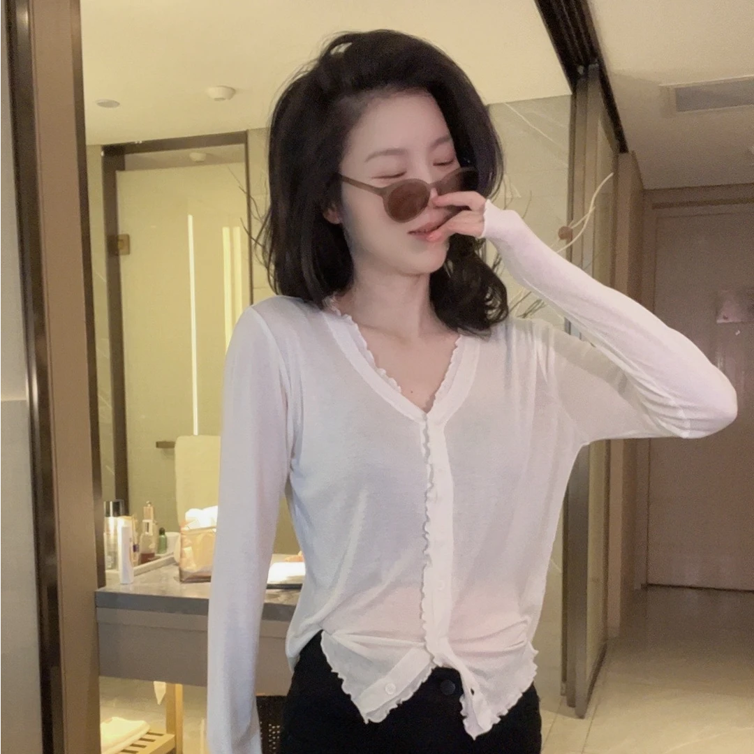 【悦悦专属】V领蕾丝木耳边百搭针织衫Y85