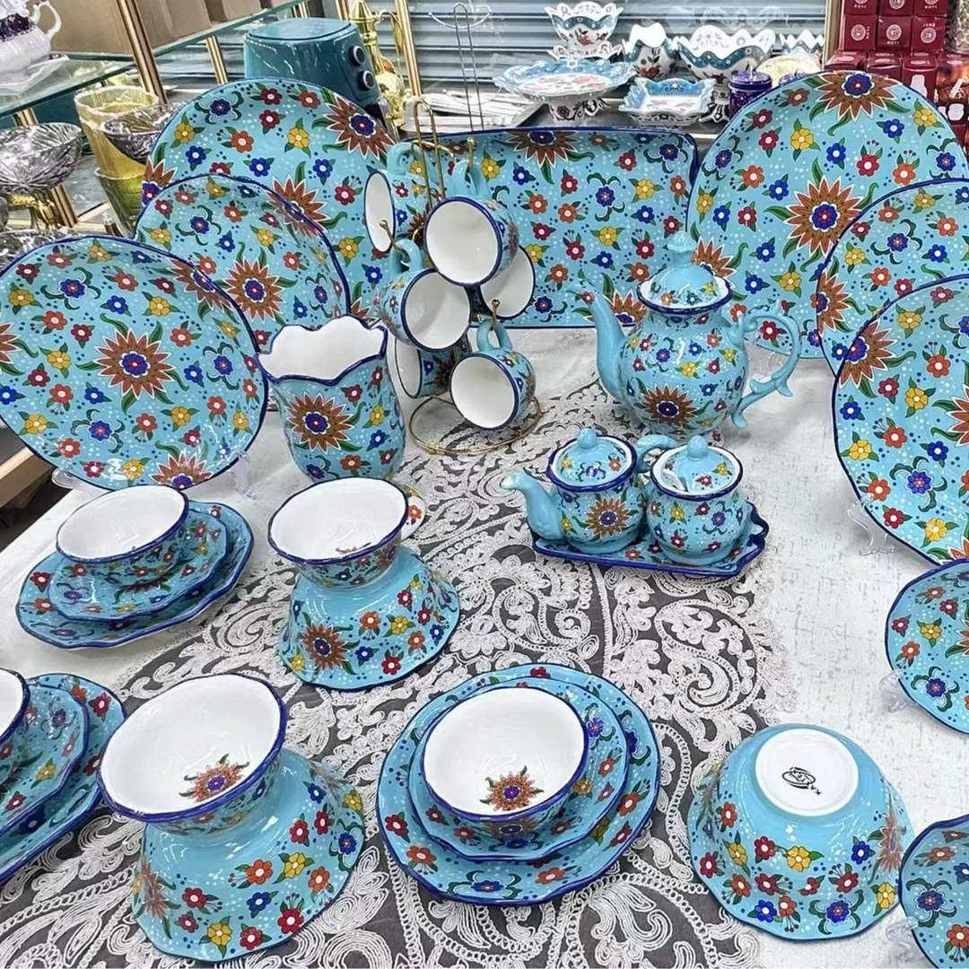 【新疆包邮】suz kok 1yurux 天蓝色花纹餐具套装网红高档家用简约
