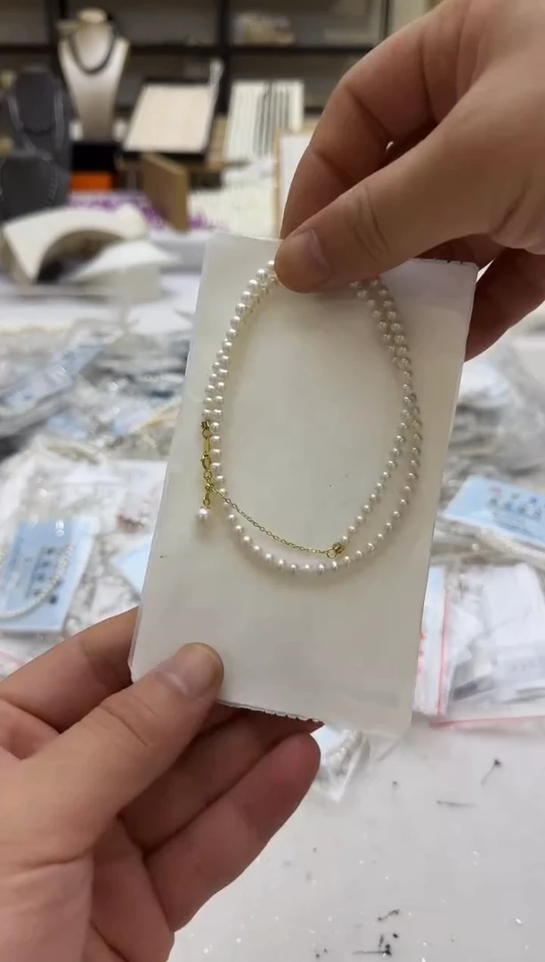 淡水珍珠银S925镶嵌项链4mm 吊小珠（金色尾链）