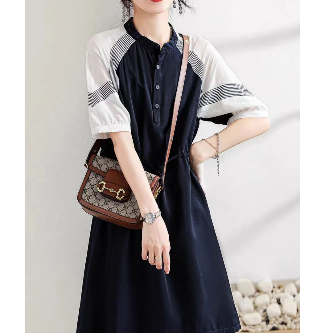 撞色拼接新款韩版宽松显瘦遮肚polo领系带中长裙10190