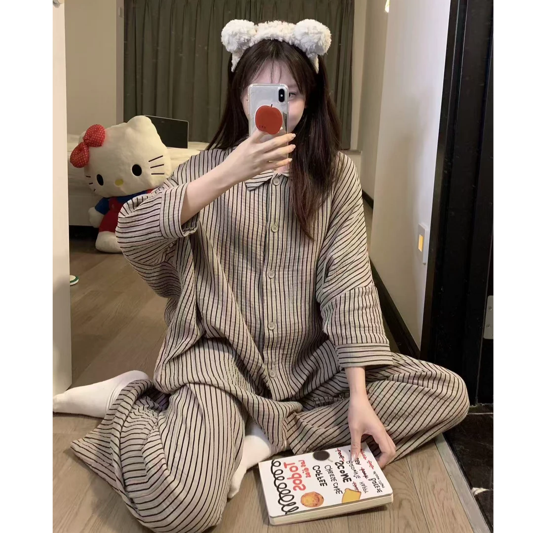 猫猫家加长女裤女春秋季套装款皱布条纹AW//8963//条纹