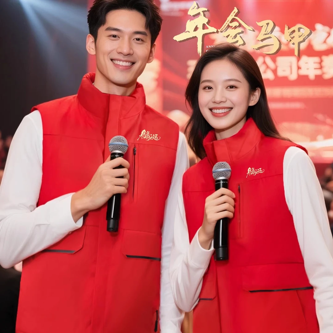 秋冬季红马甲定制logo餐饮超市2026企业年会加绒加厚工装背心印字