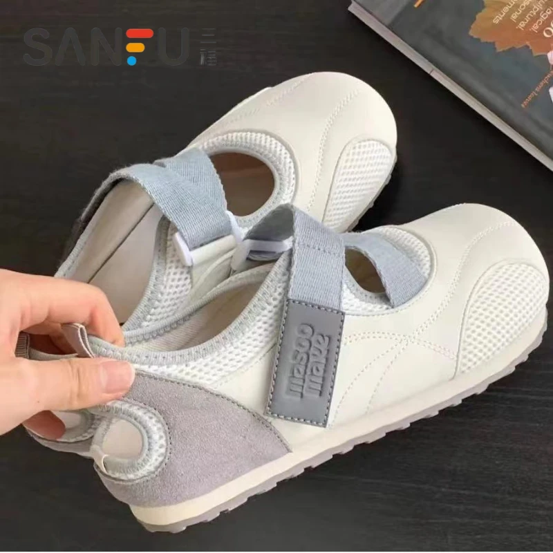 三福平底女鞋2025夏季新款泡芙单鞋魔术贴玛丽珍鞋百搭休闲运动鞋