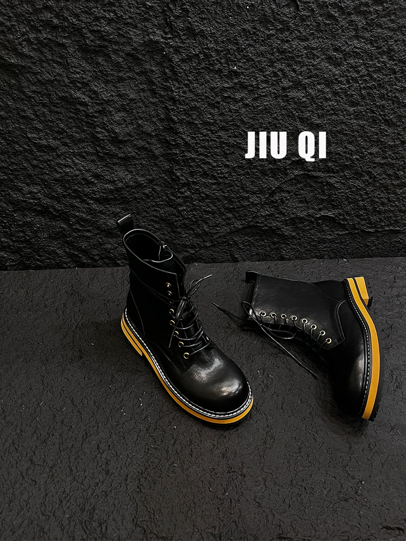 JQ· 圆头春秋短筒系带马丁靴靴子厚底黑色短靴休闲