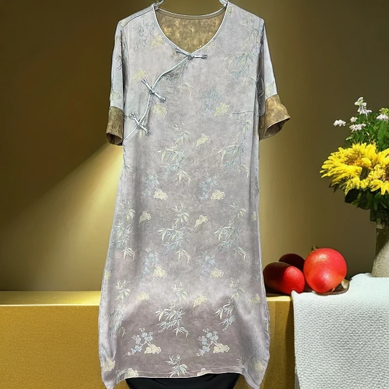 2025夏季新中式改良款斜襟时尚年轻气质显瘦国风长款短袖连衣裙