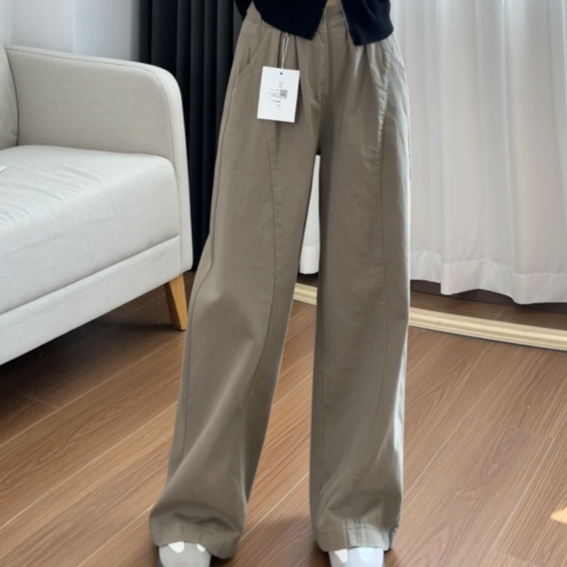 复古卡其色休闲阔腿裤女秋季新款宽松显瘦松紧腰设计感美式弯刀裤