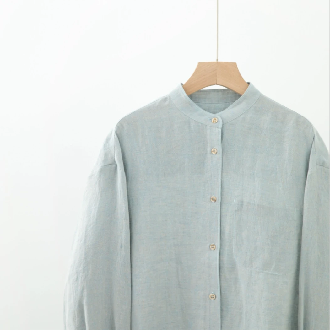 蓝色立领口袋百搭春亚麻衬衫NCY5B2622