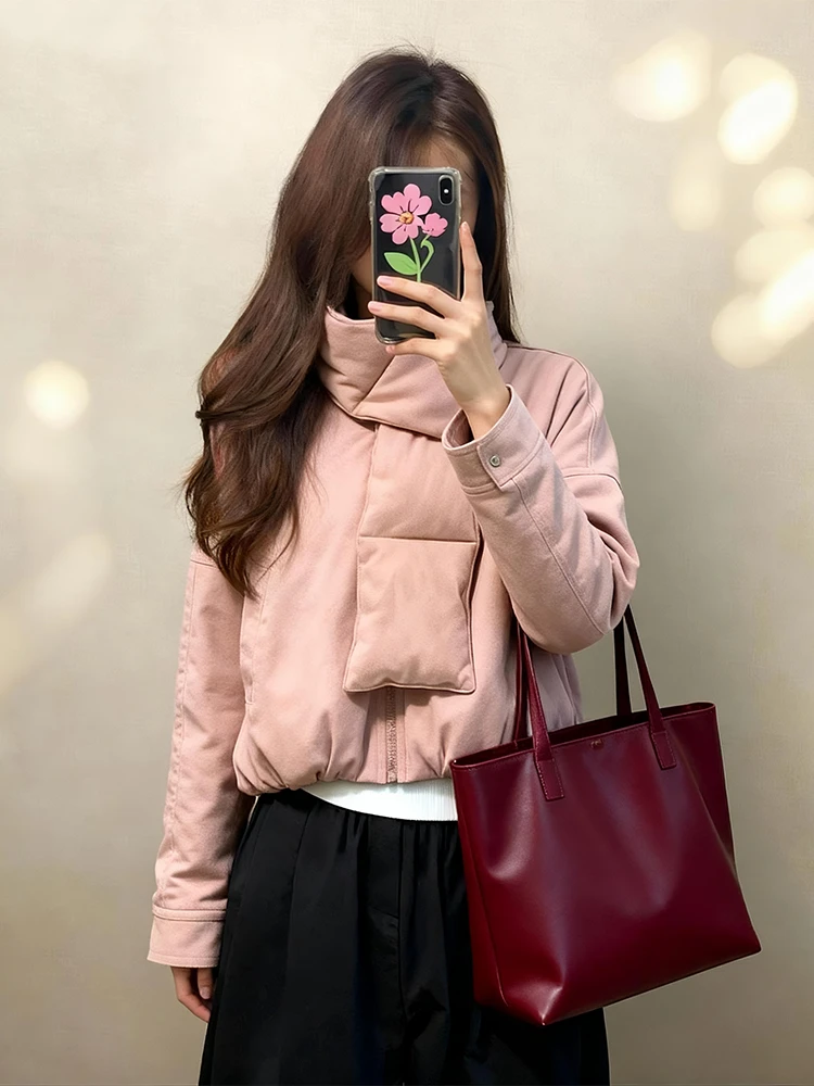 粉色围巾款棉衣棉服女短款高端洋气小个子巨好看的外套冬轻薄棉袄