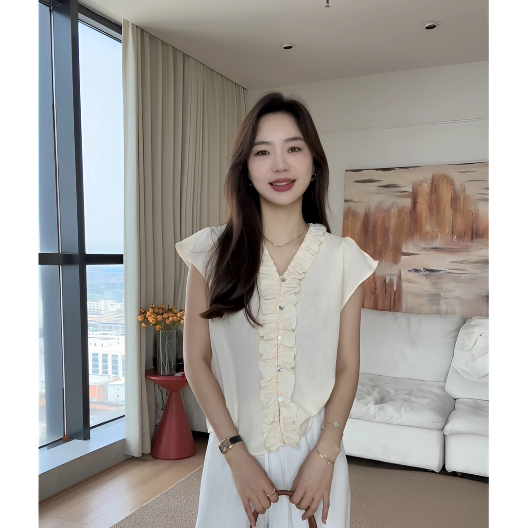 【余欢欢】夏季韩系时尚V领木耳边无袖小衫-YHW50466