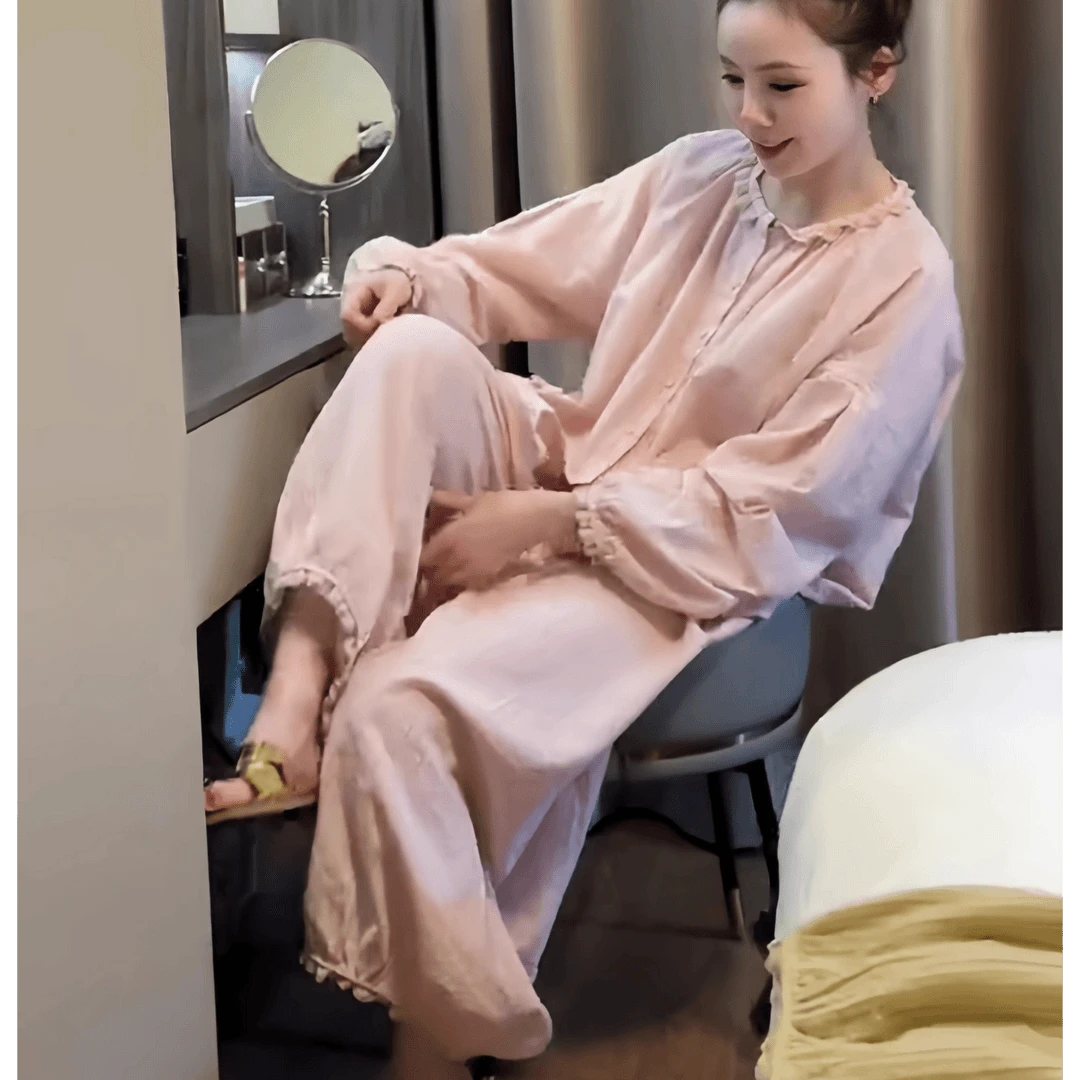 2025早秋时尚长袖休闲女套装灯笼袖条纹蕾丝拼接可外穿家居服网红