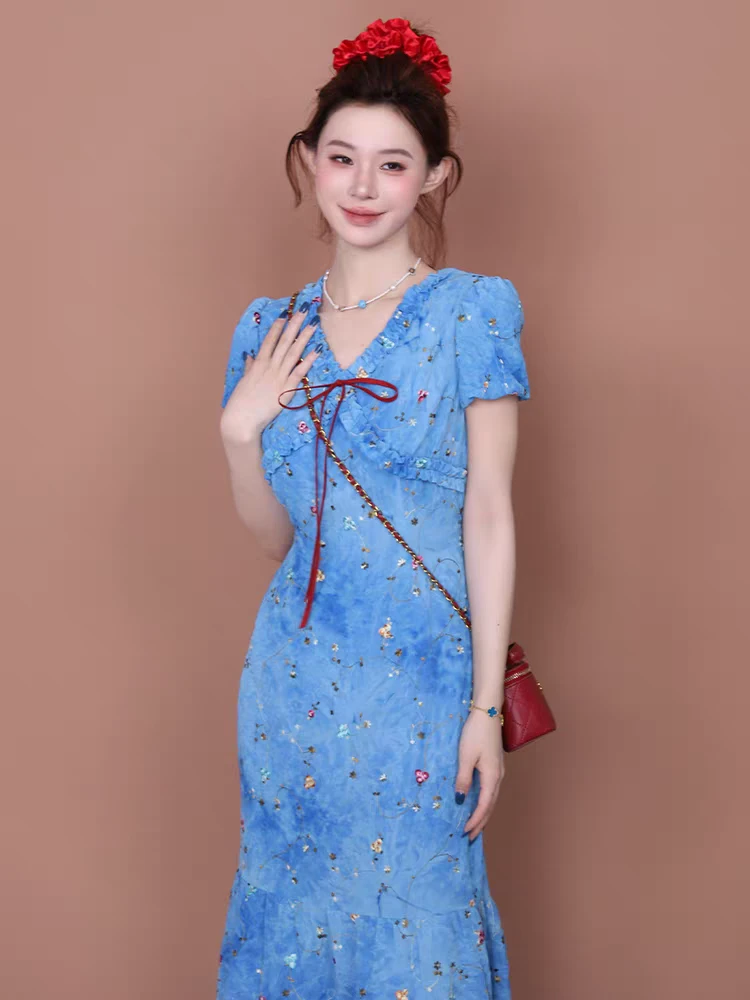 复古蓝色扎染印花短袖连衣裙女装夏季修身显瘦中长款V领气质裙子