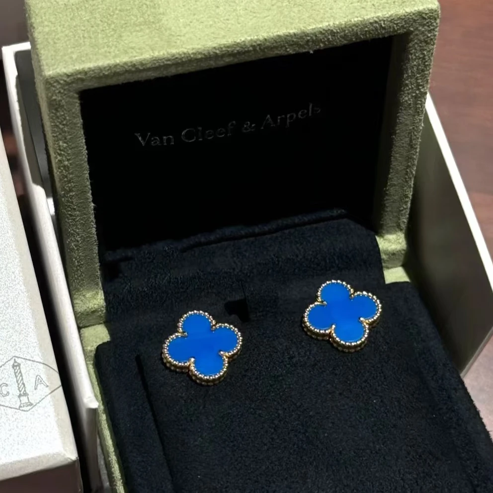 未使用 梵克雅宝 珊珊专属 四叶草 蓝花 耳环 18K黄金