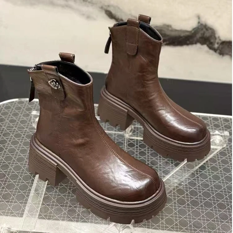 秋冬新款韩版通勤瘦瘦简约粗跟裸靴短靴8110-25(不加绒)