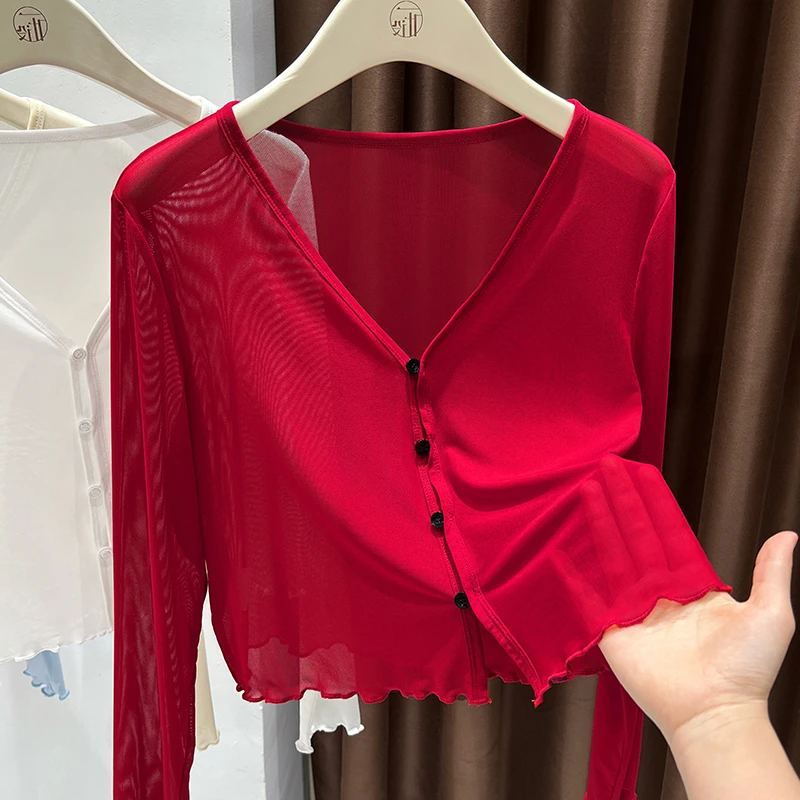 夏季设计感长袖蕾丝开衫短款V领纽扣外套红色配裙子外搭罩衫女