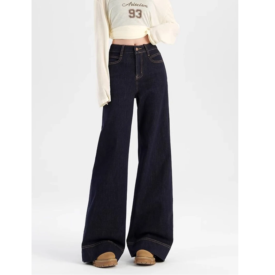 美式丹宁蓝微喇阔腿牛仔裤女春夏新款大码胖mm宽松垂感显瘦喇叭裤