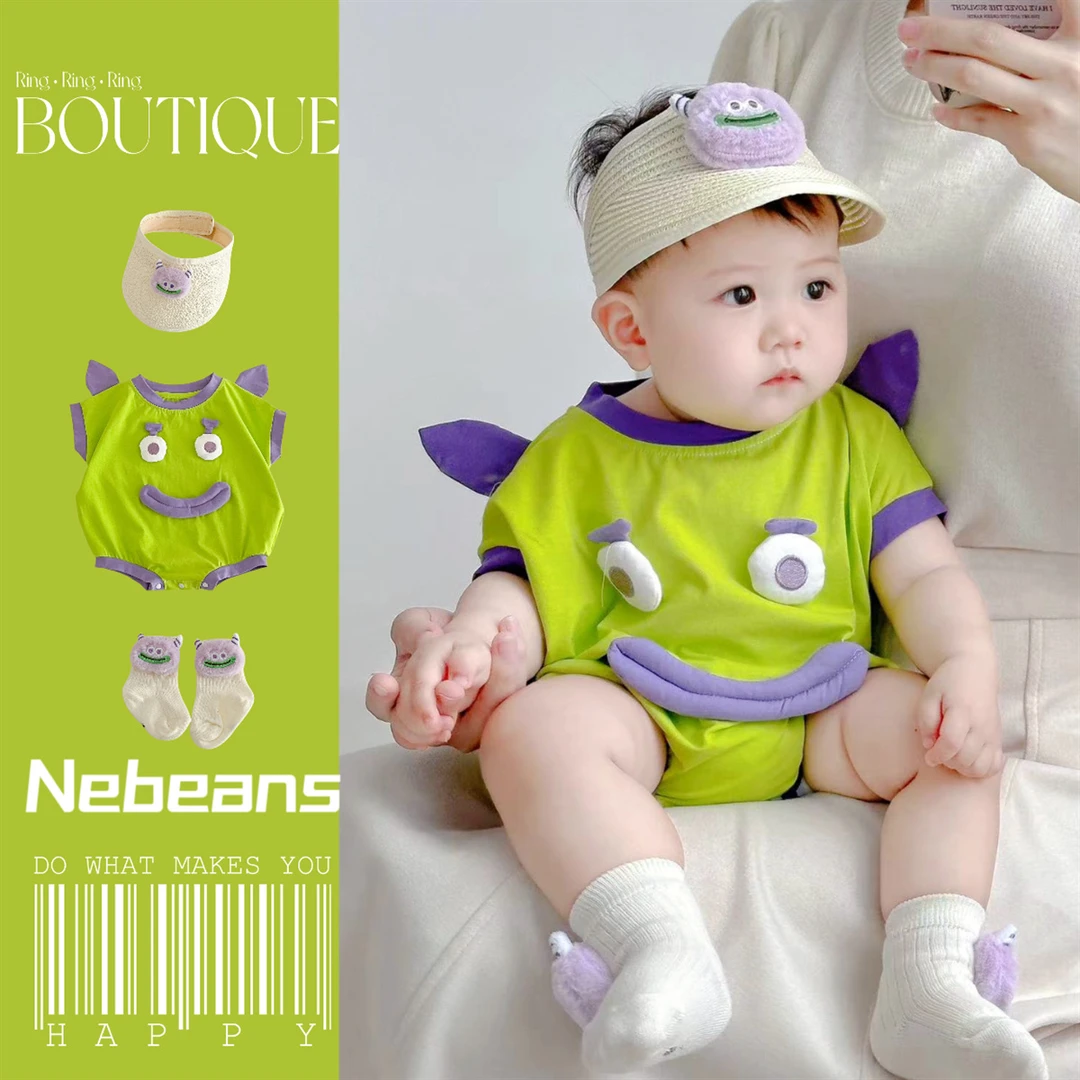 送袜子！（原创版权）丑萌潮款男女宝三角包屁衣短袖夏天新生儿哈衣