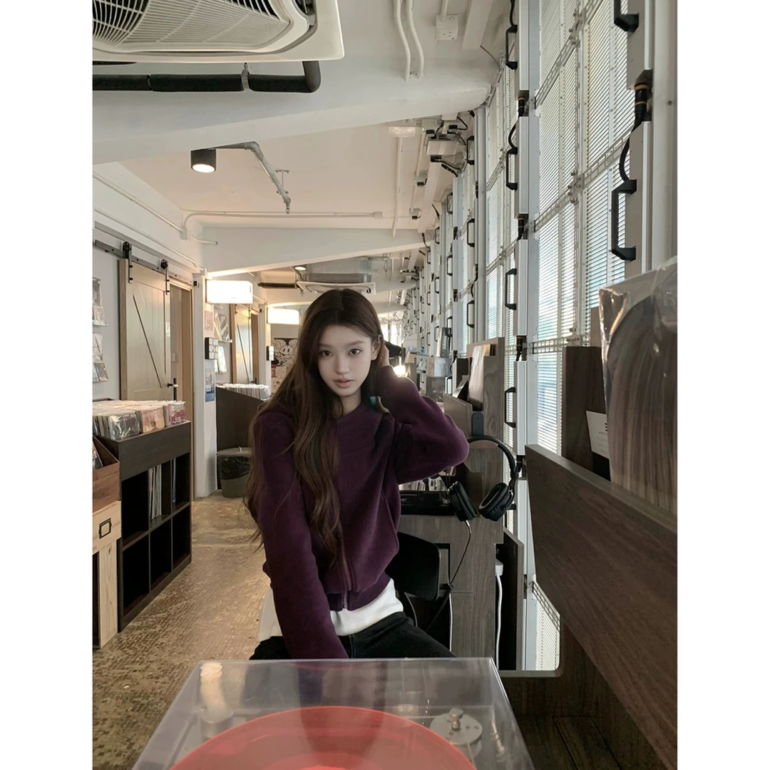 高级感大翻领长袖卫衣短外套女新款秋季显瘦短款开衫上衣Z 9796#