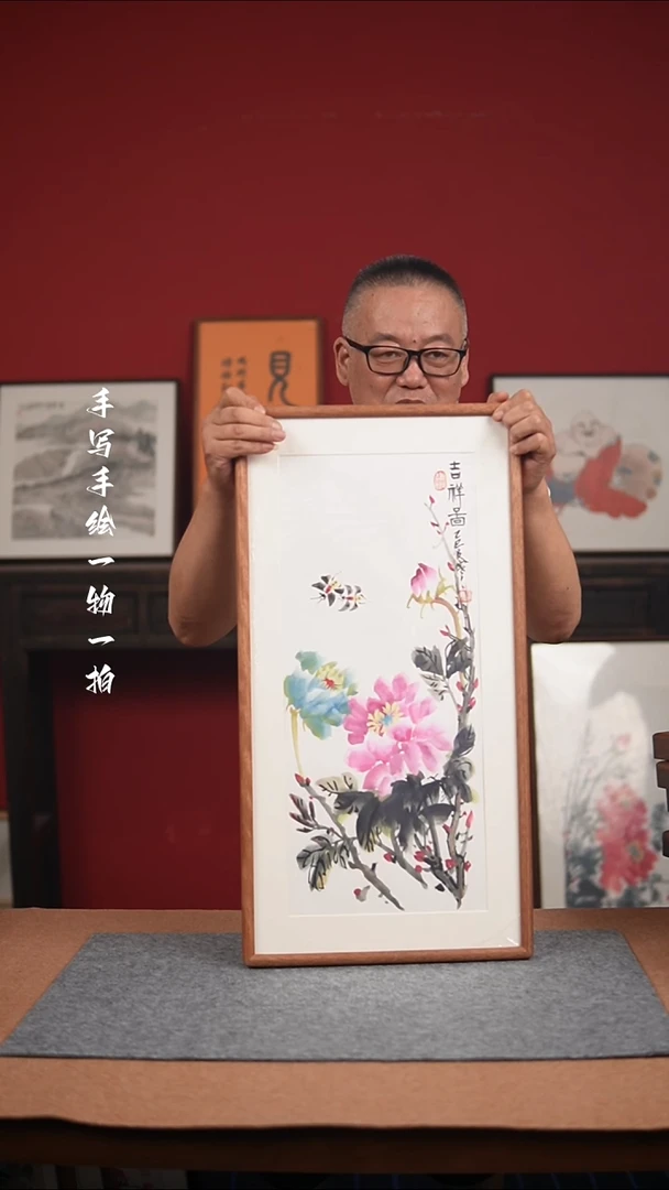 国画手绘-36*69实木框花鸟