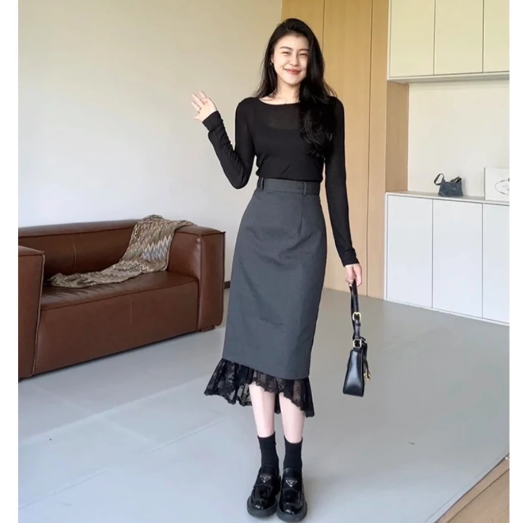 2025新款时尚心动响铃微透假两件针织衫+蕾丝拼接显瘦半裙