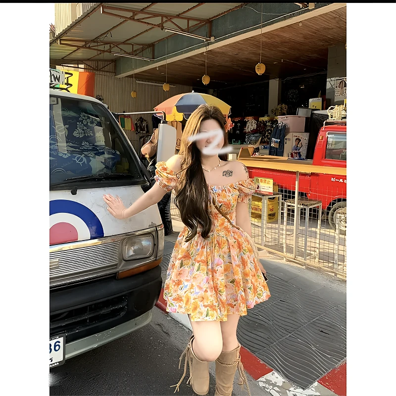 微胖mm大码夏季新款法式设计收腰显瘦减龄度假碎花雪纺连衣裙9002