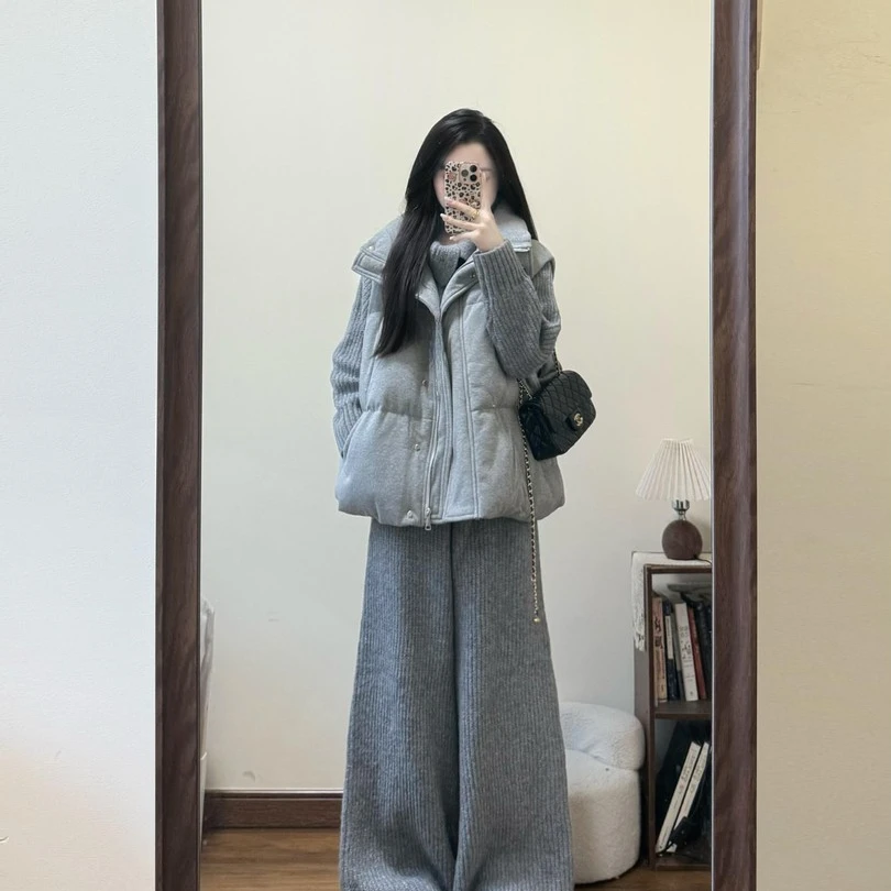 2025秋冬季流行时尚气质保暖马甲修身针织毛织衫休闲阔腿裤三件套