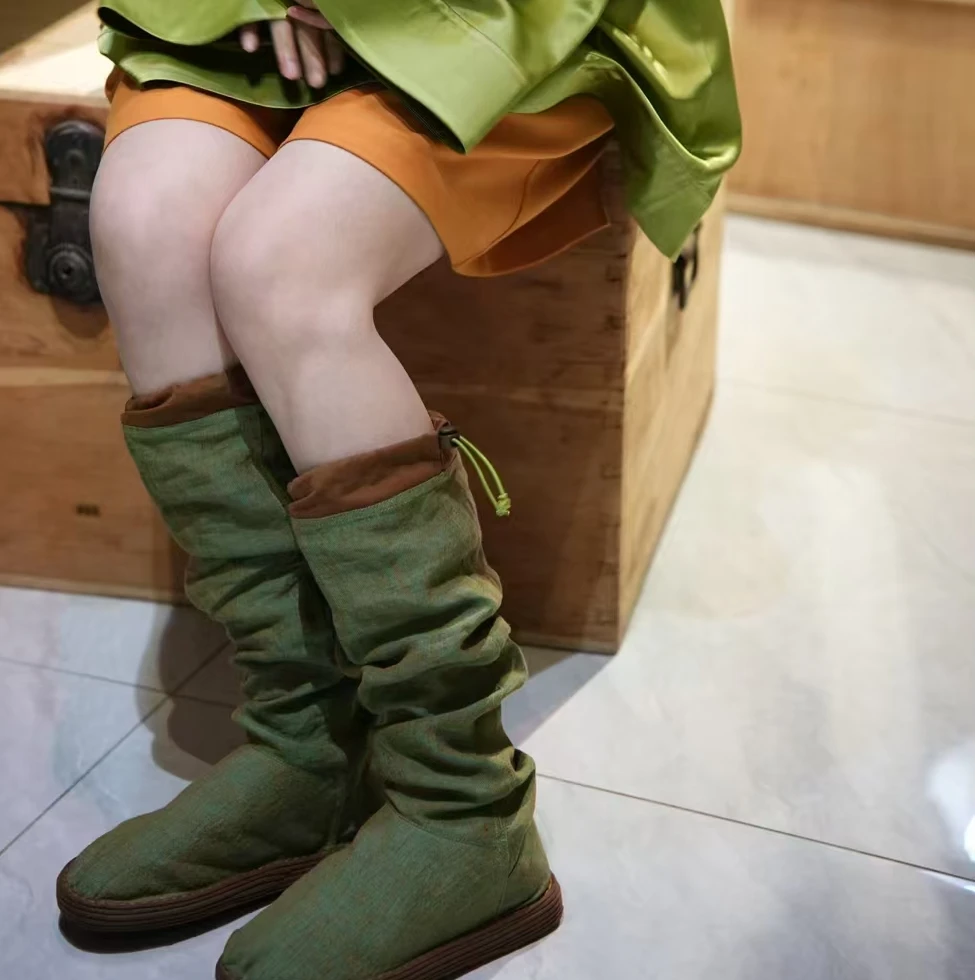 春天的颜色—汉麻单层长靴复古时尚手工千层底圆头春夏款厚底平底