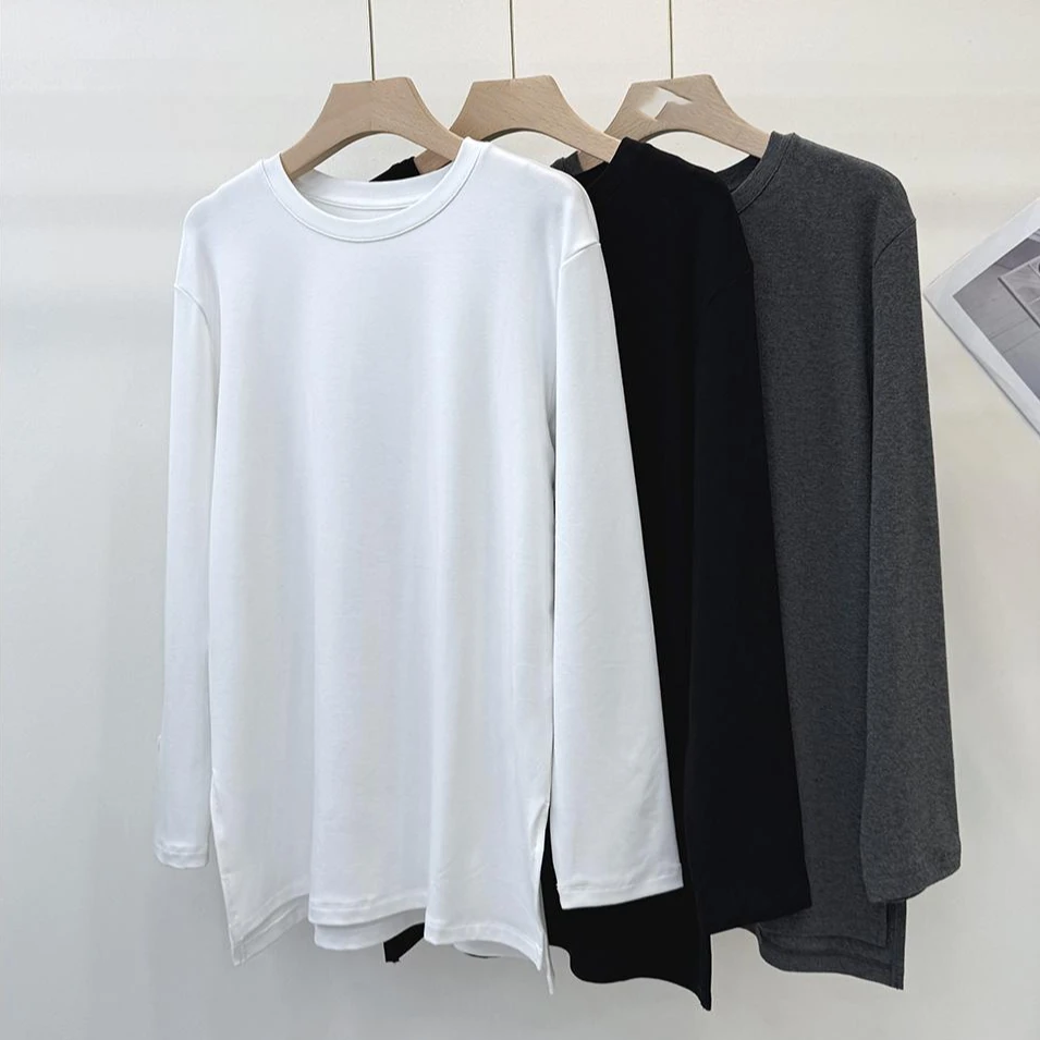 新款保暖女T恤下摆侧开叉设计圆领中长款德绒搭配鲨鱼裤显瘦上衣