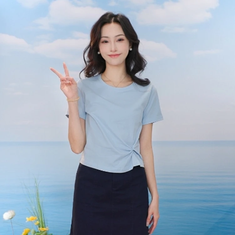 【一秒入夏】茵曼夏季纯色短袖T恤女基础百搭文艺不规则扭结上衣