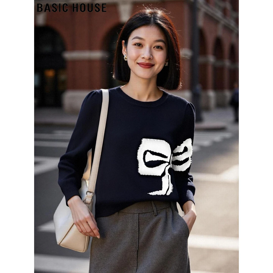 Basic House/百家好高级感蝴蝶结圆领含羊毛针织衫女2025秋冬毛衣