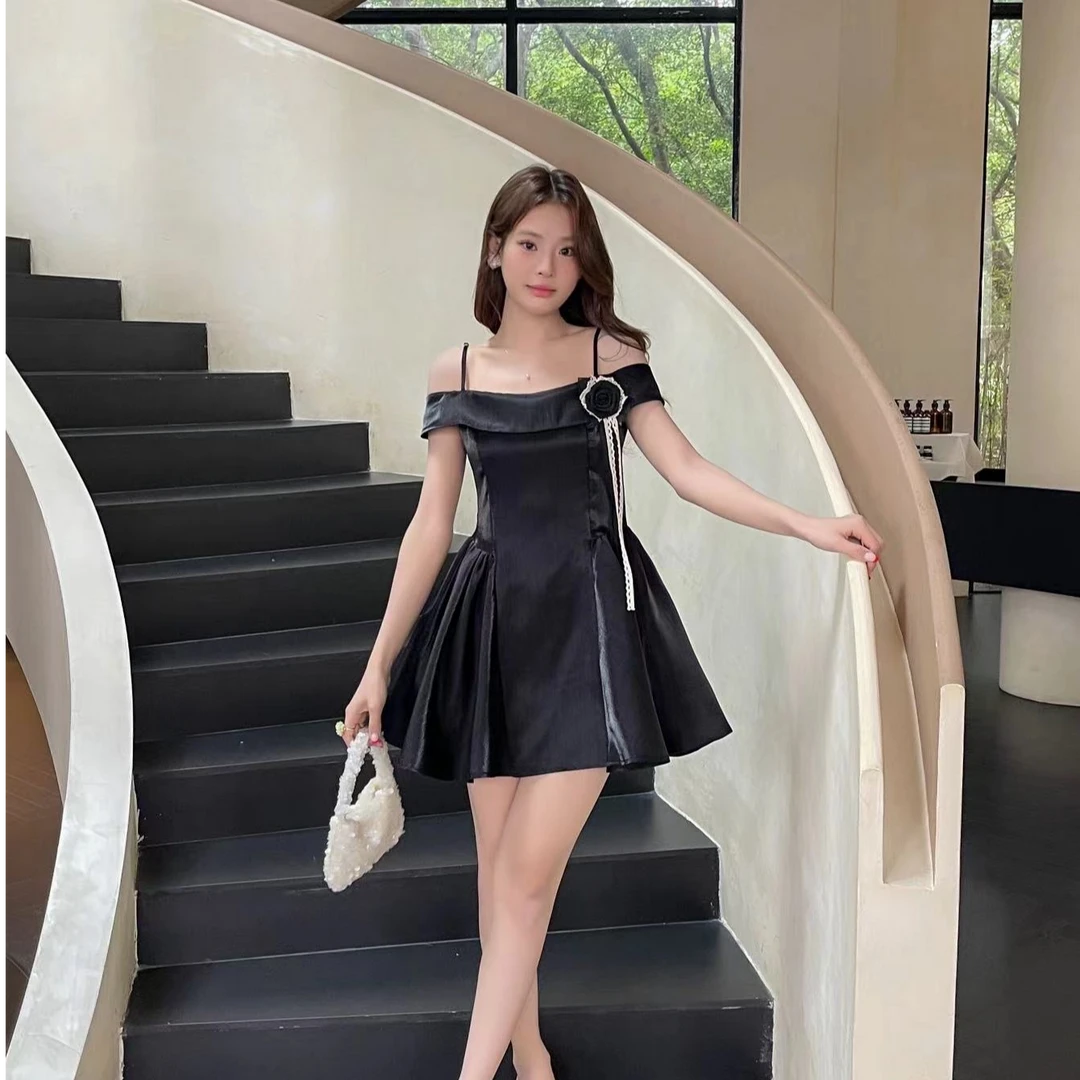 法式夏季显瘦气质小众吊带一字领蓬蓬裙女小礼裙独特收腰