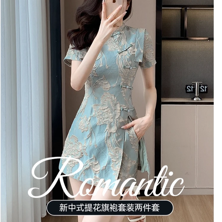 2025新款国风气质旗袍时尚套装百搭立领侧盘扣中长衫+短裤中国风
